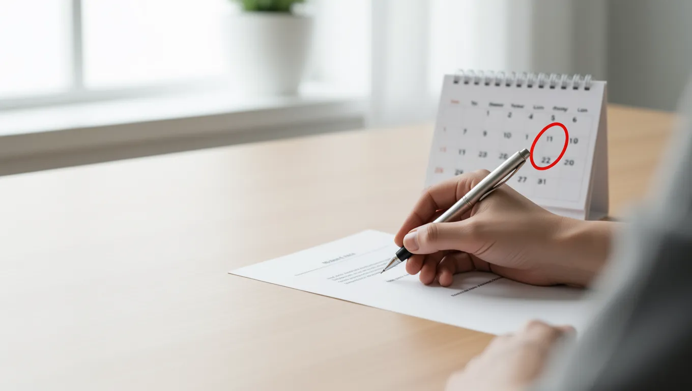 Hand signing a loan agreement near a marked calendar