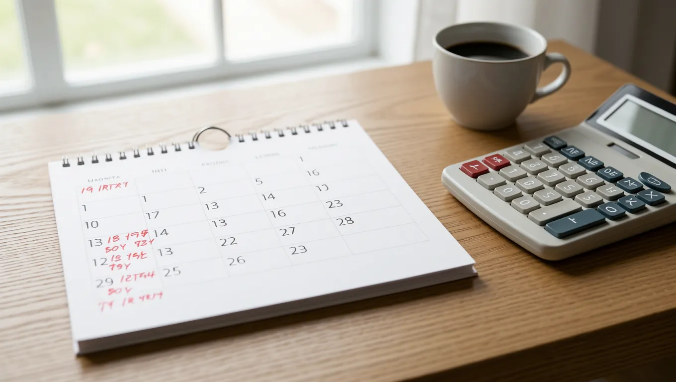 Physical calendar and calculator showing financial planning